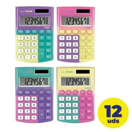 MILAN Calculadora de Bolsillo Sunset de 8 Dígitos, Colores Surtidos, Expositor de 12 Unidades